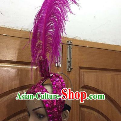 Top Grade Brazilian Rio Carnival Samba Dance Rosy Feathers Hair Accessories Headpiece, Halloween Parade Feather Decorations Headwear for Women
