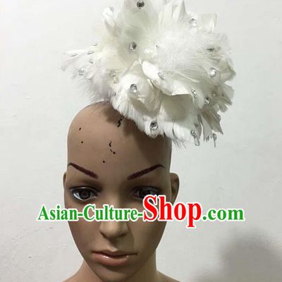 Top Grade Brazilian Rio Carnival Samba Dance White Feathers Hair Accessories Headpiece, Halloween Parade Feather Decorations Headwear for Women