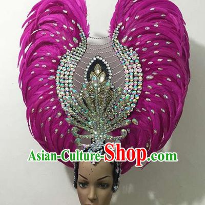 Top Grade Brazilian Rio Carnival Samba Dance Rosy Feathers Hair Accessories Deluxe Headpiece, Halloween Parade Feather Decorations Crystal Headwear for Women