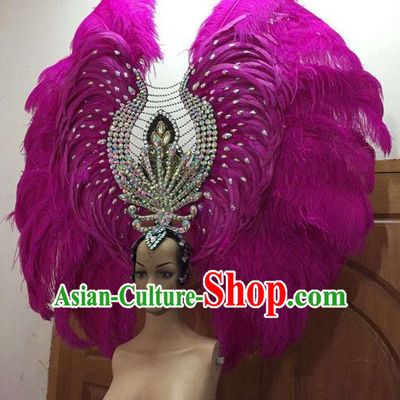 Top Grade Brazilian Rio Carnival Samba Dance Rosy Feathers Big Hair Accessories Deluxe Headpiece, Halloween Parade Feather Decorations Crystal Headwear for Women