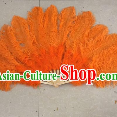 Top Grade Professional Performance Catwalks Orange Feather Big Fans, Brazilian Rio Carnival Parade Samba Dance Folding Fans