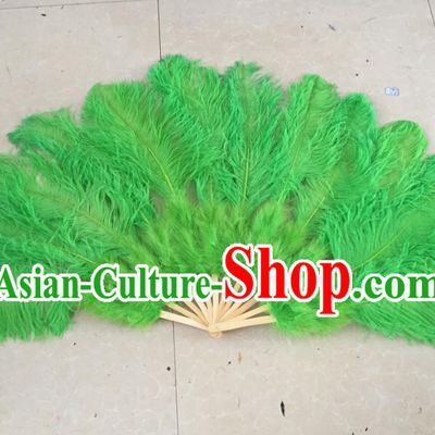 Top Grade Professional Performance Catwalks Green Feather Big Fans, Brazilian Rio Carnival Parade Samba Dance Folding Fans