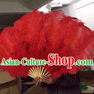 Top Grade Professional Performance Catwalks Red Feather Big Fans, Brazilian Rio Carnival Parade Samba Dance Folding Fans