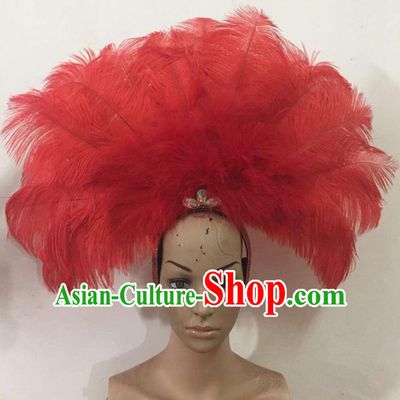 Top Grade Professional Performance Catwalks Red Feathers Deluxe Hair Accessories, Brazilian Rio Carnival Parade Samba Dance Headdress for Women