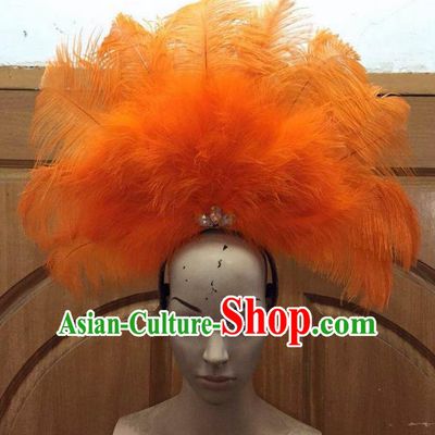 Top Grade Professional Performance Catwalks Orange Feathers Deluxe Hair Accessories, Brazilian Rio Carnival Parade Samba Dance Headdress for Women
