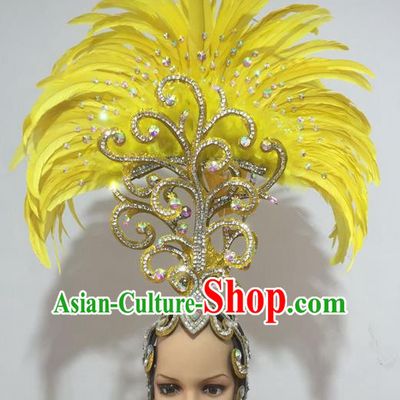 Top Grade Professional Performance Catwalks Yellow Feathers Hair Accessories, Brazilian Rio Carnival Parade Samba Dance Headdress for Women
