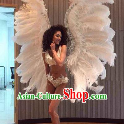 Top Grade Professional Performance Catwalks White Feathers Decorations Backplane, Brazilian Rio Carnival Parade Samba Dance Wings for Women
