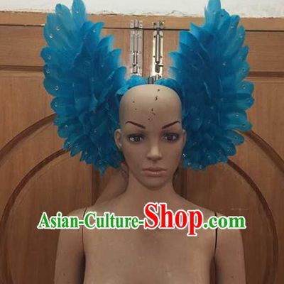 Top Grade Professional Performance Catwalks Blue Feathers Bowknot Hair Accessories, Brazilian Rio Carnival Parade Samba Dance Headpiece for Women