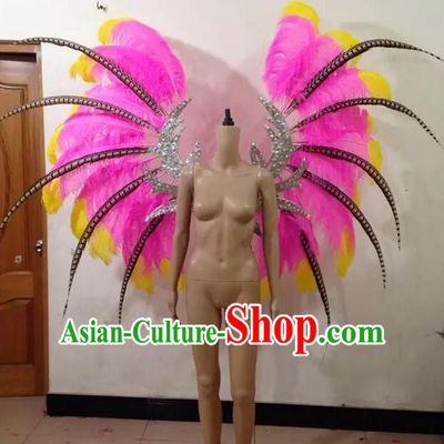 Top Grade Compere Professional Performance Catwalks Pink Feathers Wings and Headwear, Brazilian Rio Carnival Samba Opening Dance Modern Fancywork Feather Decorations for Women