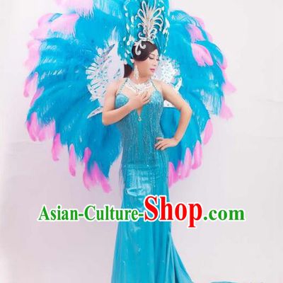 Top Grade Compere Professional Performance Catwalks Blue Feathers Wings and Headwear, Brazilian Rio Carnival Samba Opening Dance Modern Fancywork Feather Decorations