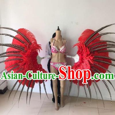 Top Grade Compere Professional Performance Catwalks Red Feathers Wings, Brazilian Rio Carnival Samba Opening Dance Modern Fancywork Feather Decorations for Women