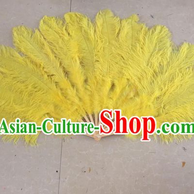 Top Grade Professional Performance Catwalks Yellow Feather Big Fans, Brazilian Rio Carnival Parade Samba Dance Folding Fans