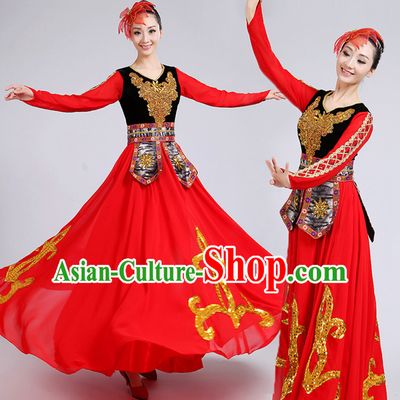 Red Traditional Xinjiang Folk Dance Costumes Chinese Minority Ethnic Stage Dance Dresses for Adults