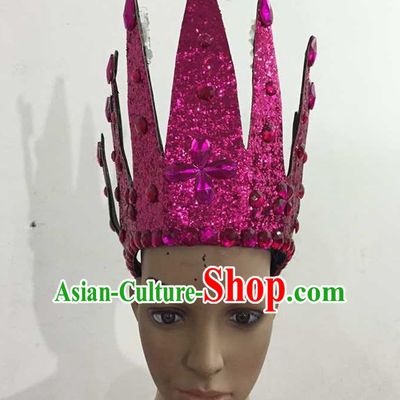 Top Grade Professional Performance Catwalks Hair Accessories, Brazilian Rio Carnival Parade Samba Dance Rosy Crystal Crown Headwear for Women