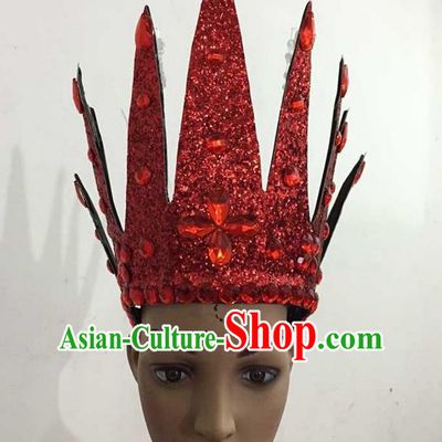Top Grade Professional Performance Catwalks Hair Accessories, Brazilian Rio Carnival Parade Samba Dance Red Crystal Crown Headwear for Women