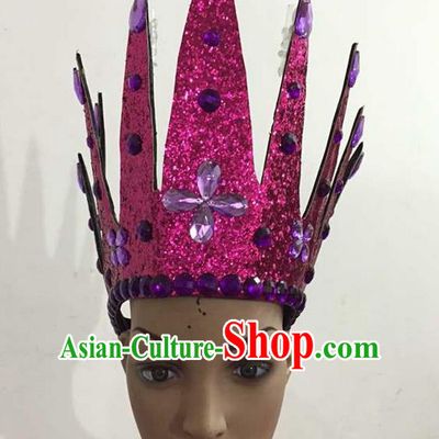 Top Grade Professional Performance Catwalks Hair Accessories, Brazilian Rio Carnival Parade Samba Dance Rosy Crystal Crown Headwear for Women