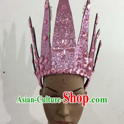 Top Grade Professional Performance Catwalks Hair Accessories, Brazilian Rio Carnival Parade Samba Dance Pink Crystal Crown Headwear for Women