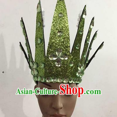 Top Grade Professional Performance Catwalks Hair Accessories, Brazilian Rio Carnival Parade Samba Dance Green Crystal Crown Headwear for Women