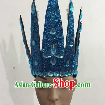 Top Grade Professional Performance Catwalks Hair Accessories, Brazilian Rio Carnival Parade Samba Dance Blue Crystal Crown Headwear for Women