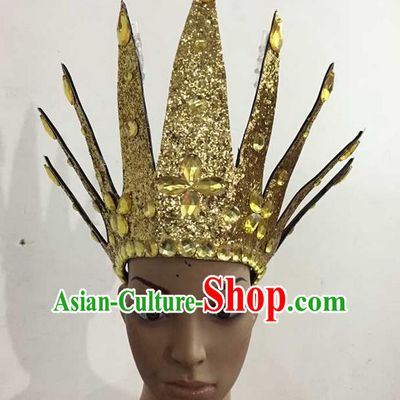 Top Grade Professional Performance Catwalks Hair Accessories, Brazilian Rio Carnival Parade Samba Dance Golden Crystal Crown Headwear for Women