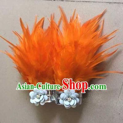 Top Grade Professional Performance Catwalks Wrist Accessories Bracelets, Brazilian Rio Carnival Parade Samba Dance Orange Feather Bracelet for Women