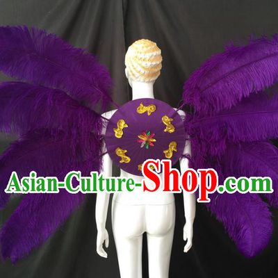 Top Grade Professional Performance Catwalks Purple Feathers Decorations Backplane, Brazilian Rio Carnival Parade Samba Dance Wings for Women