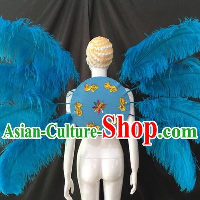 Top Grade Professional Performance Catwalks Blue Feathers Decorations Backplane, Brazilian Rio Carnival Parade Samba Dance Wings for Women