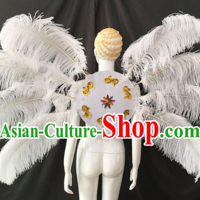 Top Grade Professional Performance Catwalks White Feathers Decorations Backplane, Brazilian Rio Carnival Parade Samba Dance Wings for Women