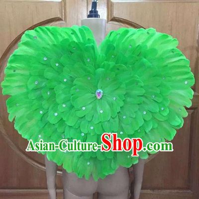 Top Grade Professional Performance Catwalks Green Feathers Decorations Heart-shaped Backplane, Brazilian Rio Carnival Parade Samba Dance Props for Women