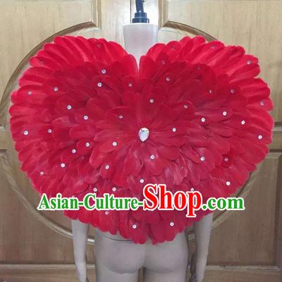 Top Grade Professional Performance Catwalks Red Feathers Decorations Heart-shaped Backplane, Brazilian Rio Carnival Parade Samba Dance Props for Women