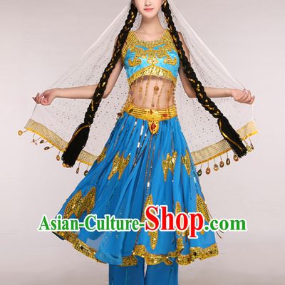 Blue Traditional Xinjiang Folk Dance Costumes for Adults Chinese Minority Ethnic Dance Outfits