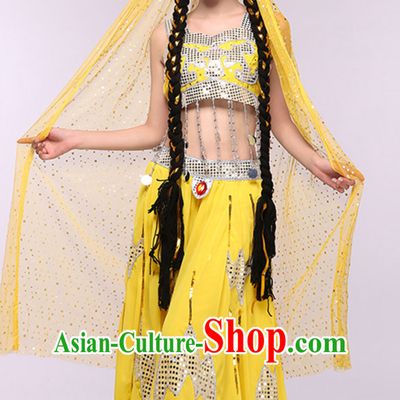 Yellow Traditional Xinjiang Folk Dance Costumes Chinese Minority Ethnic Stage Dance Outfits for Adults