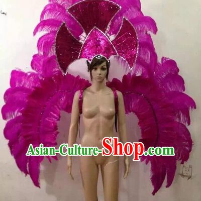 Top Grade Professional Performance Catwalks Halloween Rosy Feathers Decorations Backplane and Headwear, Brazilian Rio Carnival Parade Samba Dance Wings for Women