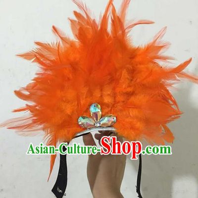 Top Grade Professional Performance Catwalks Halloween Orange Feathers Head Decorations Headpiece, Brazilian Rio Carnival Parade Samba Dance Headwear for Kids