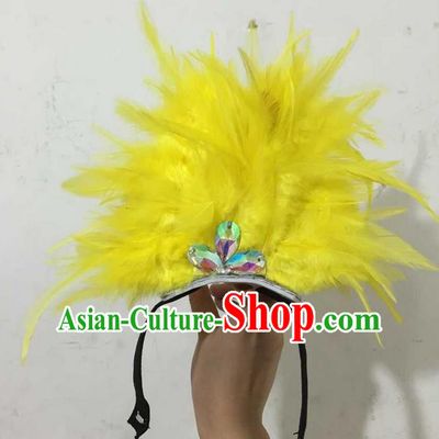 Top Grade Professional Performance Catwalks Halloween Yellow Feathers Head Decorations Headpiece, Brazilian Rio Carnival Parade Samba Dance Headwear for Kids