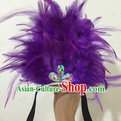 Top Grade Professional Performance Catwalks Halloween Purple Feathers Head Decorations Headpiece, Brazilian Rio Carnival Parade Samba Dance Headwear for Kids