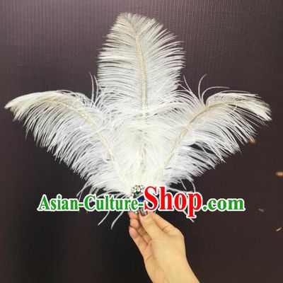 Top Grade Professional Performance Catwalks White Feathers Head Decorations Headwear, Brazilian Rio Carnival Parade Samba Dance Hair Accessories for Women
