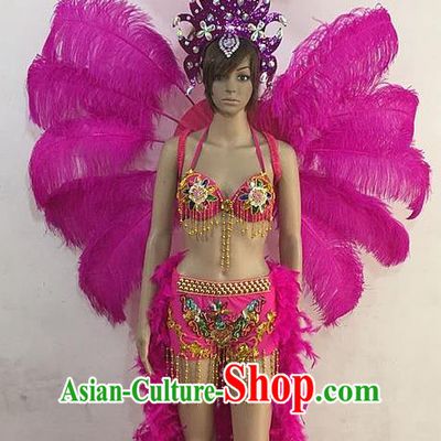 Top Grade Professional Performance Catwalks Rosy Feathers Decorations Backplane and Hair Accessories, Brazilian Rio Carnival Parade Samba Dance Wings for Women