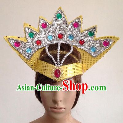 Top Grade Professional Performance Catwalks Yellow Crystal Crown Decorations Hair Accessories, Brazilian Rio Carnival Parade Samba Dance Headpiece for Women