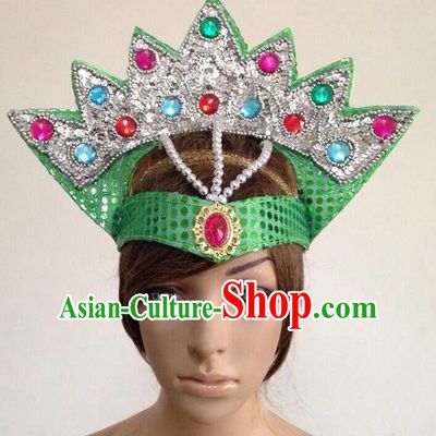 Top Grade Professional Performance Catwalks Green Crystal Crown Decorations Hair Accessories, Brazilian Rio Carnival Parade Samba Dance Headpiece for Women