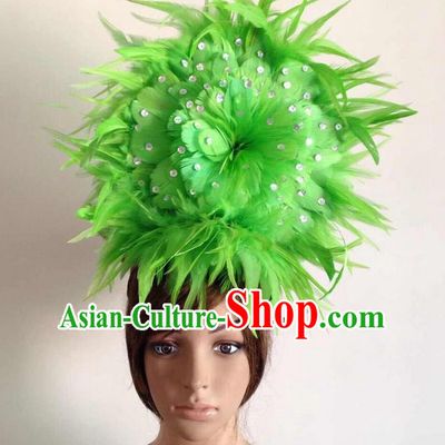 Top Grade Professional Performance Catwalks Green Feather Hair Accessories, Brazilian Rio Carnival Parade Samba Dance Headpiece for Women