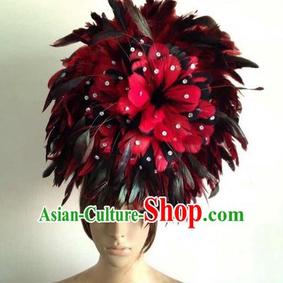 Top Grade Professional Performance Catwalks Red Feather Hair Accessories, Brazilian Rio Carnival Parade Samba Dance Headpiece for Women