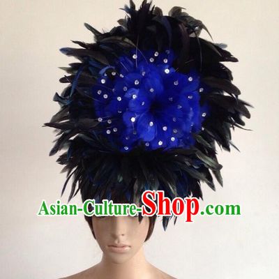 Top Grade Professional Performance Catwalks Blue Feather Hair Accessories, Brazilian Rio Carnival Parade Samba Dance Headpiece for Women