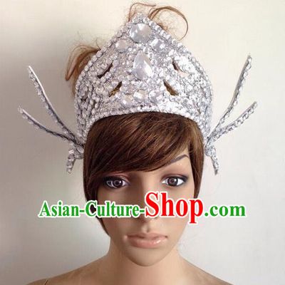 Top Grade Professional Performance Catwalks Queen Crystal Crown Hair Accessories, Brazilian Rio Carnival Parade Samba Dance Headpiece for Women