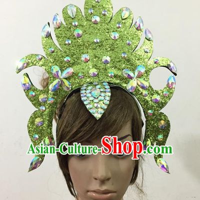 Top Grade Professional Performance Catwalks Queen Crystal Green Crown Hair Accessories, Brazilian Rio Carnival Parade Samba Dance Headpiece for Women
