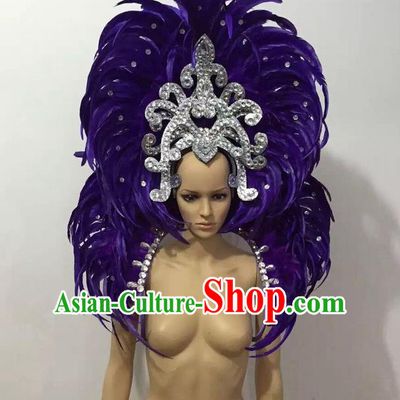 Top Grade Professional Performance Catwalks Opening Dance Royalblue Feather Big Hair Accessories, Brazilian Rio Carnival Parade Samba Dance Headpiece for Women