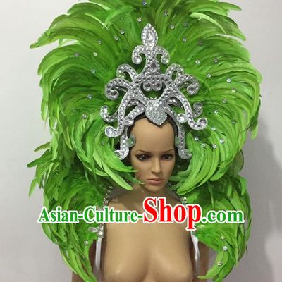 Top Grade Professional Performance Catwalks Opening Dance Green Feather Big Hair Accessories, Brazilian Rio Carnival Parade Samba Dance Headpiece for Women
