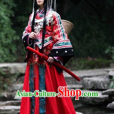 Top Grade Traditional China Ancient Cosplay Miao National Minority Wedding Costumes, China Ancient Hmong Bride Red Clothing for Women
