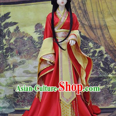 Top Grade Traditional China Ancient Princess Dance Costumes Complete Set, China Ancient Cosplay Tang Dynasty Princess Red Dress Hanfu Clothing for Adults and Kids