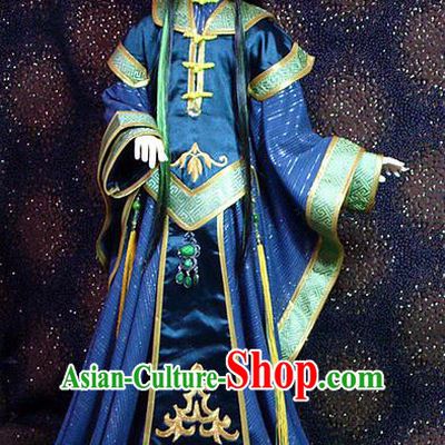 Top Grade Traditional China Ancient Cosplay Swordsman Blue Costumes Complete Set, China Ancient Taoist Royal Highness Hanfu Robe Clothing for Men for Kids